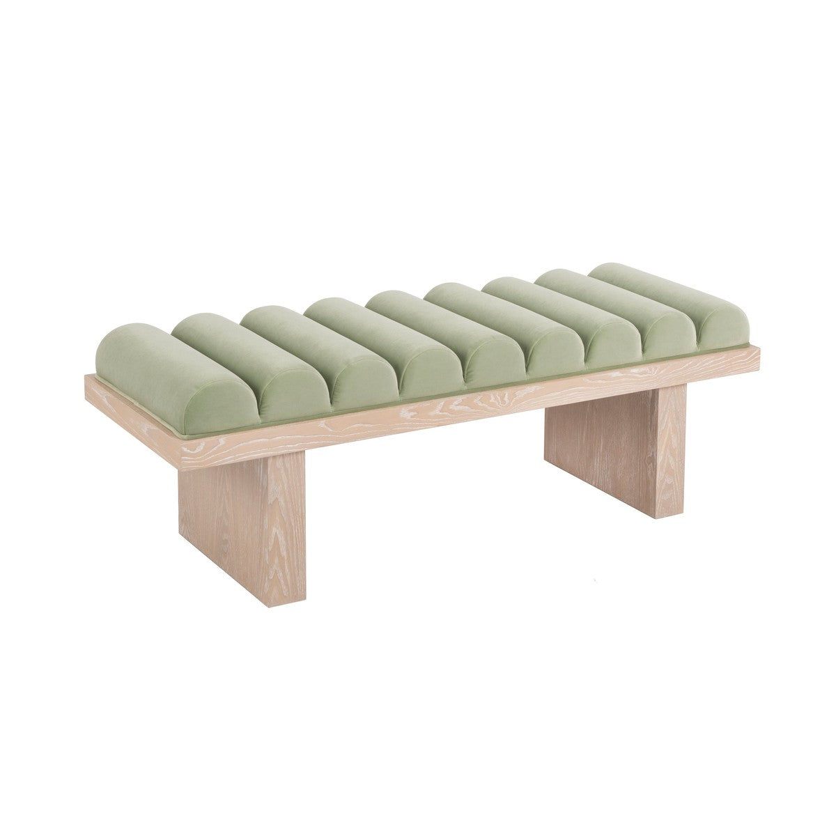 Caspian - Channeled Seat Bench With Cerused Oak Base In Sage Green Velvet