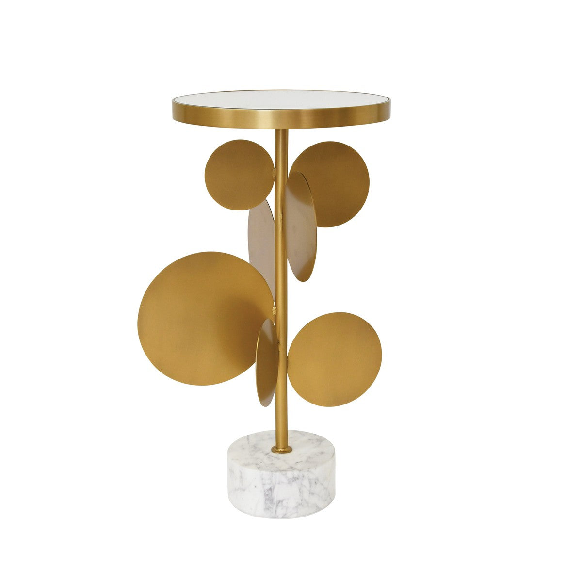 Cassius - Round Brass Side Table Featuring Base With Array Of Antique Brass Discs, White Marble Base, And Inset Mirror