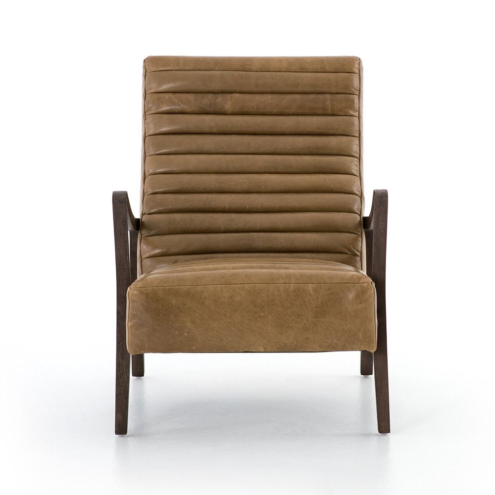 Hope Chair, shown in warm taupe brown and dark espresso brown with top-grain leather, wood, and fixed open arms.