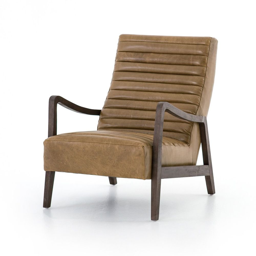 Alternate view of Hope Chair, featuring top-grain leather, wood, and fixed open arms.