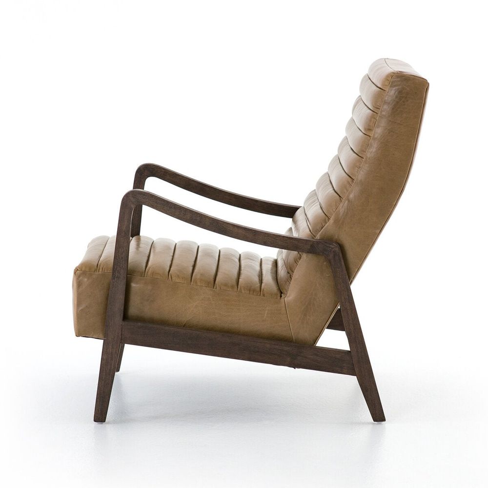 Additional view of Hope Chair in warm taupe brown and dark espresso brown, featuring fixed open arms.