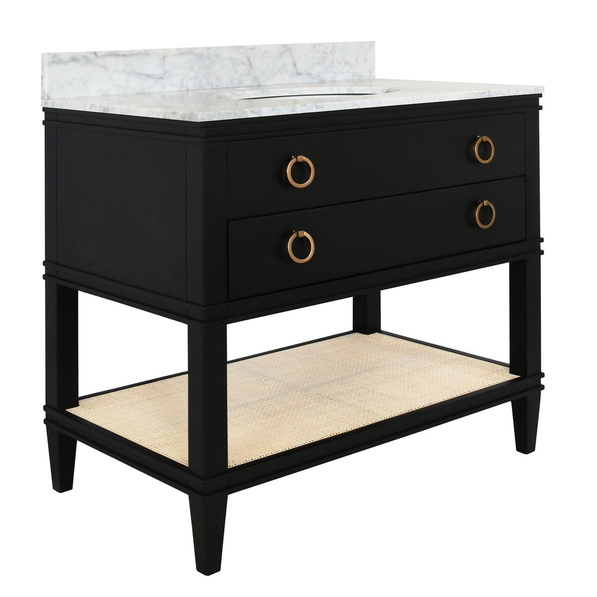 Cutler - Bath Vanity In Matte Black Lacquer With Open Cane Shelf, White Marble Top, Porcelain Sink, And Antique Brass Ring Hardware