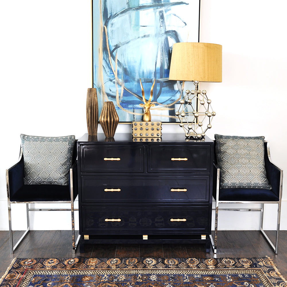 Declan - Navy Lacquer 4 Drawer Chest W. Gold Leaf Hardware & Brass Base