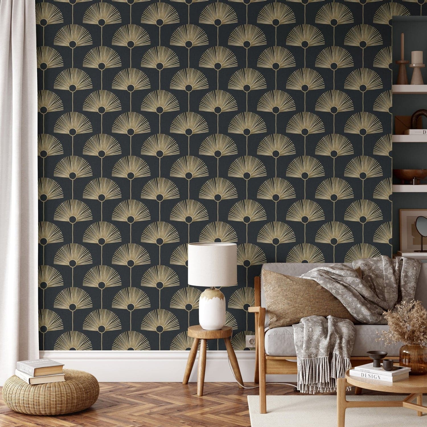 Deco Fan Wallpaper-Mitchell Black-MITCHB-WC-BB-FN-BG-PM-10-Wall DecorPatterns Black Gold-Premium Matte Paper-2-France and Son