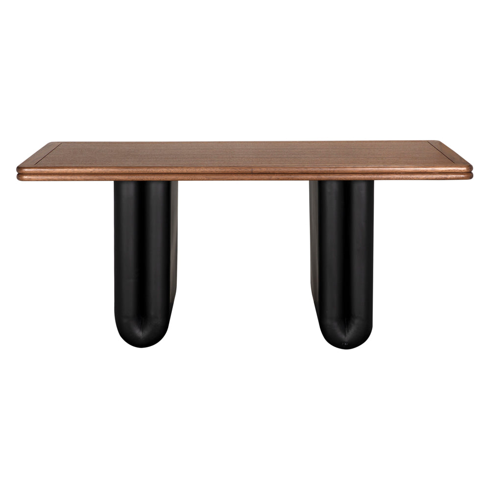Mila Desk, shown in medium walnut brown and black with wood, painted wood or metal, and fixed rectangular work surface.
