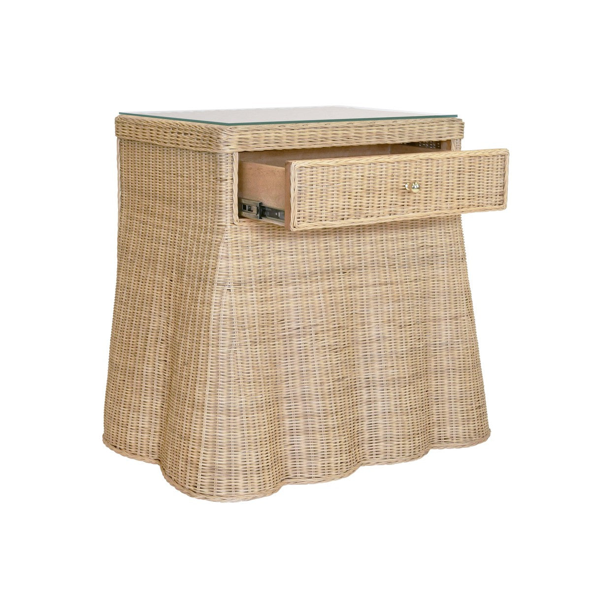 Giselle - One Drawer Rectangular Side Table With Flared Scalloped Base In Rattan With Glass Top