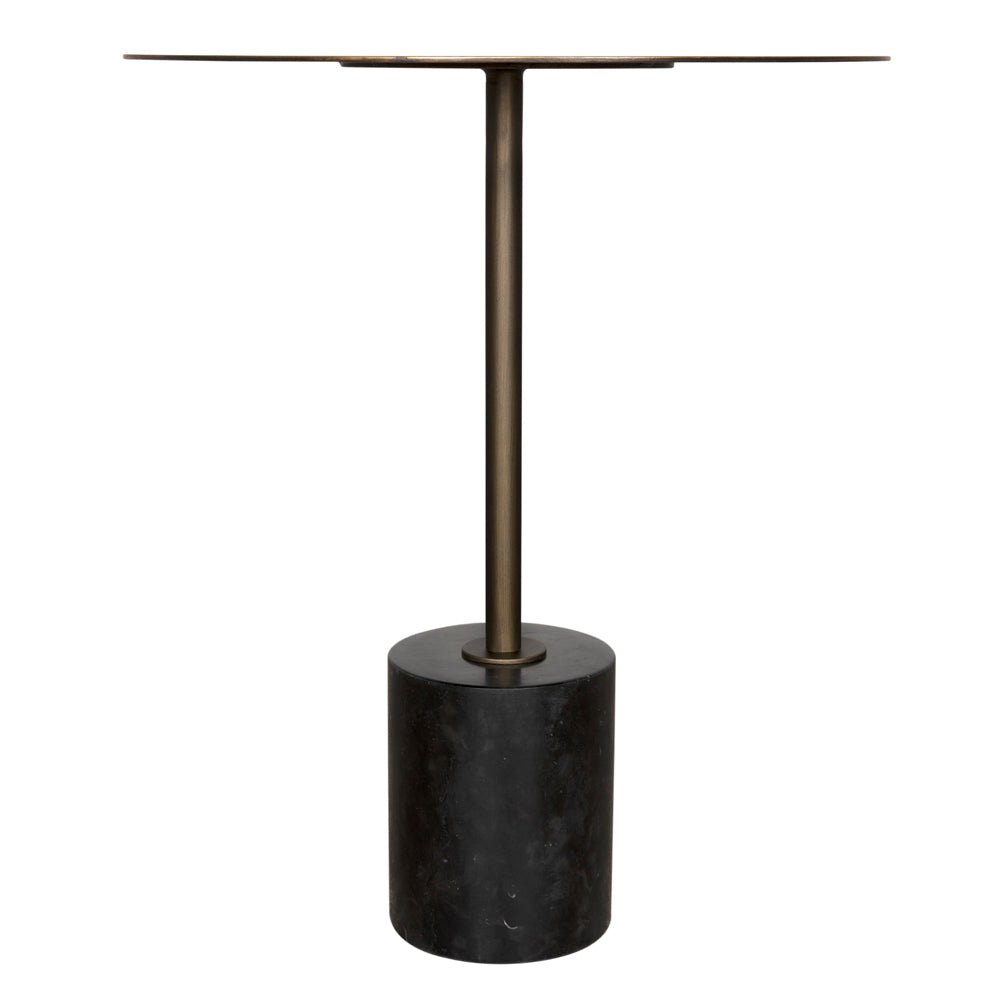 Alternate view of Santosh Side Table, featuring polished finish, marble, metal, and a weighted cylindrical marble base.