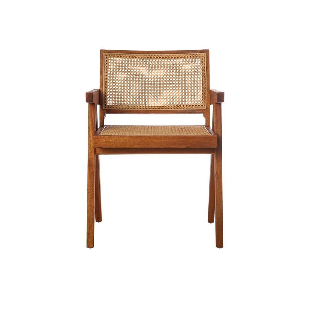 Natural wood Jeanneret armchair with a hand-woven cane seat and back.
