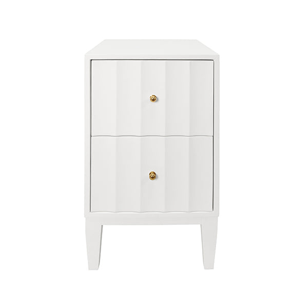 Two Door Side Table With Fluted Detail In Matte White Lacquer, shown in white with wood, lacquer, and two stacked drawers.
