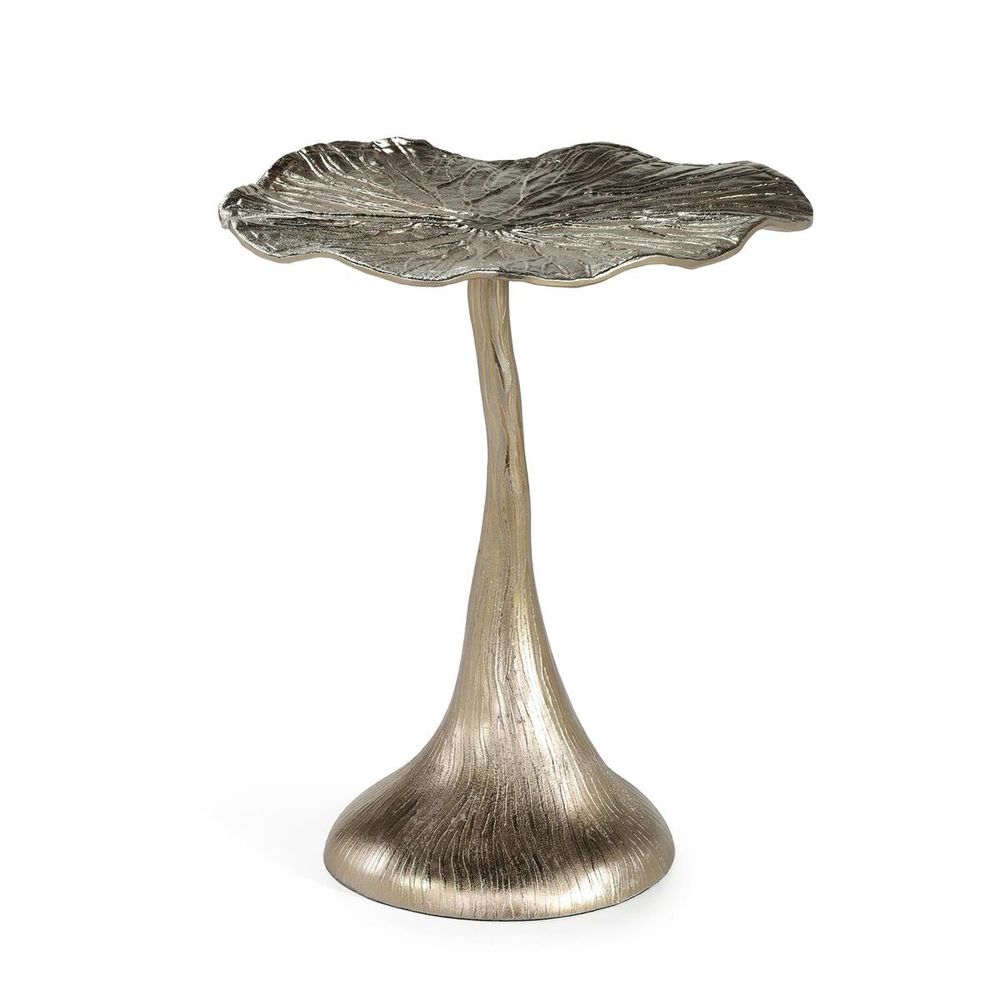 Alternate view of Yuri Pad Brass Accent Table, featuring hammered finish, metal, aluminum, and a single pedestal base.