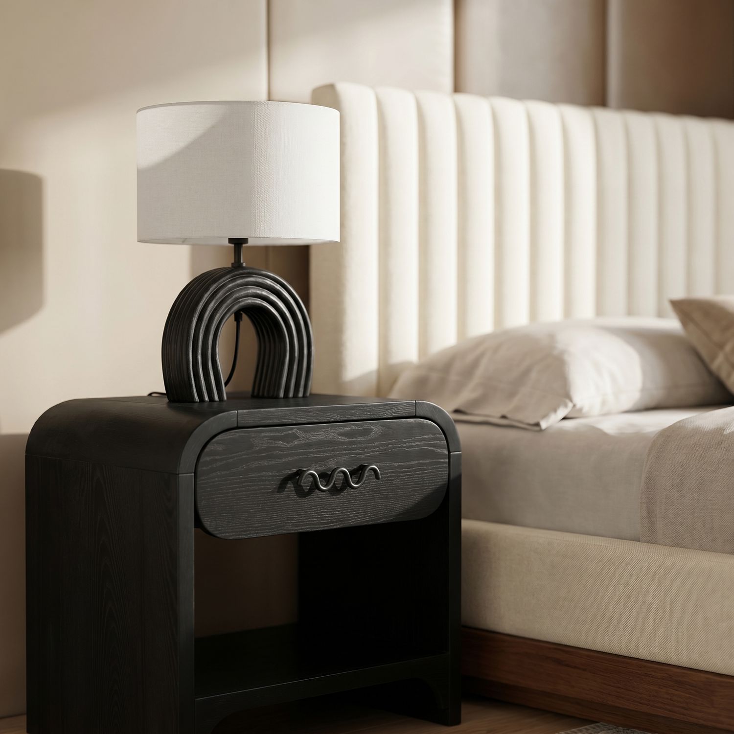 Lithos Genuine Marble Base And Linen Textured Fabric Shade Table Lamp — Black