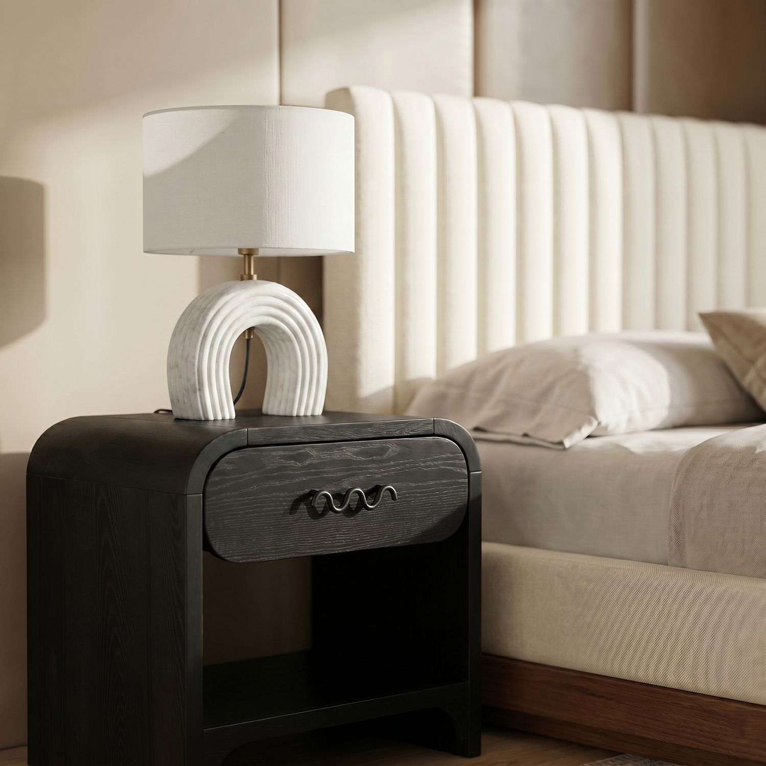 Lithos Genuine Marble Base And Linen Textured Fabric Shade Table Lamp — White