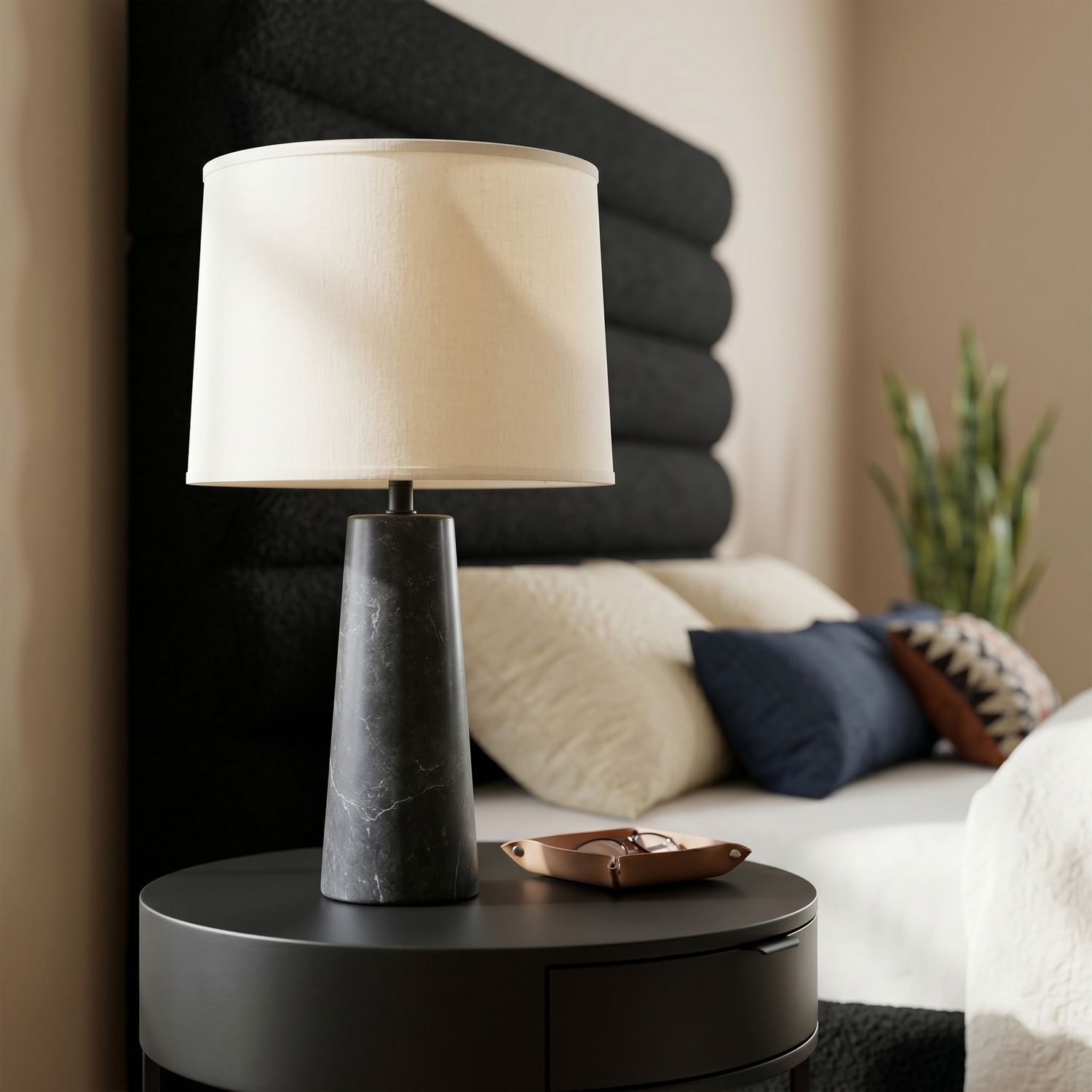 Dolomia Genuine Marble Base And Linen Textured Fabric Shade Table Lamp — Black