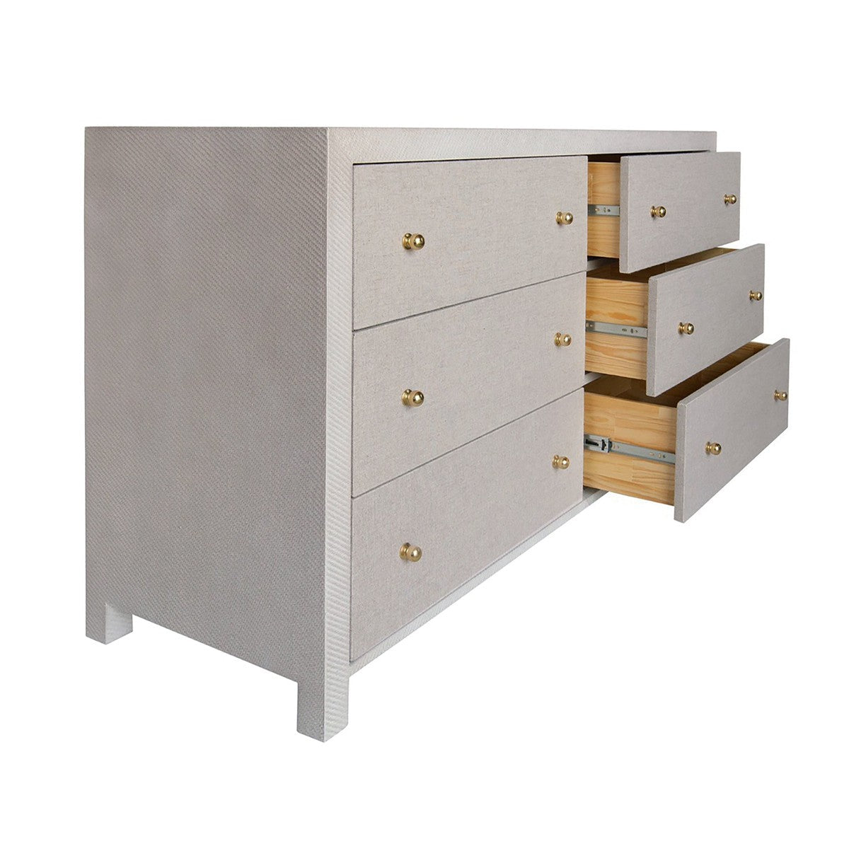 Lowery - Six Drawer Chest In Grey Grasscloth With Grey Linen Drawers And Brass Hardware