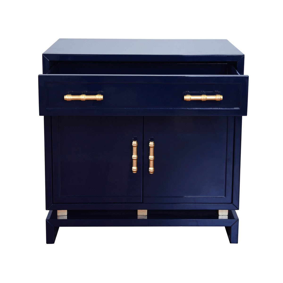 Marcus - Navy Lacquer 1 Drawer And 2 Doors Chest With Gold Leaf Hardware & Brass Iron Base