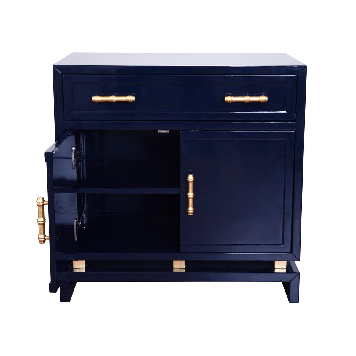 Marcus - Navy Lacquer 1 Drawer And 2 Doors Chest With Gold Leaf Hardware & Brass Iron Base