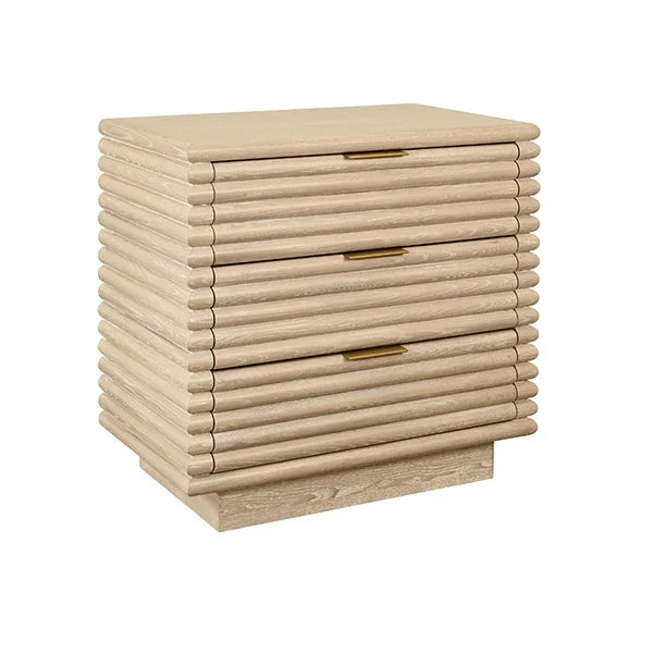 Alternate view of Mateo Three Drawer Side Table, featuring wood, metal, and three stacked drawers.