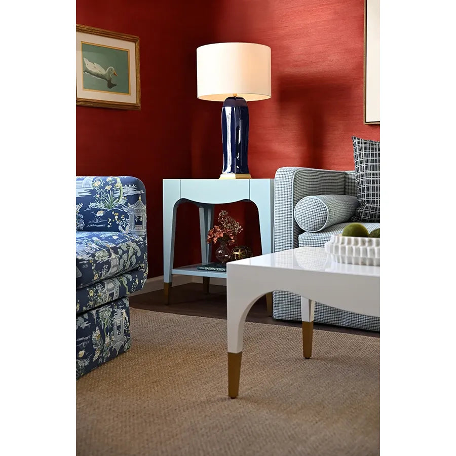 Alternate view of Ronny Tapered Leg One Drawer Side Table, featuring gloss lacquer, wood, metal, and single drawer.