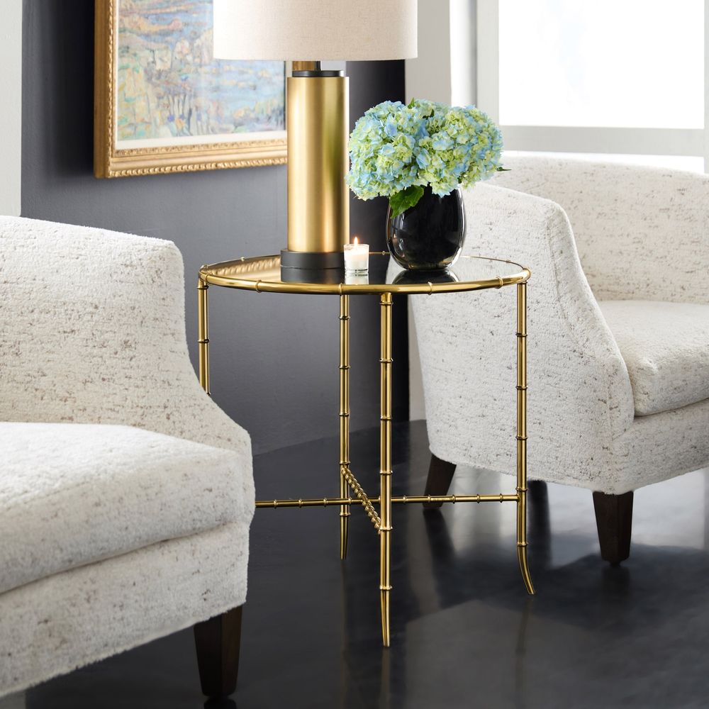 Alternate view of Bamboo Round End Table, featuring polished finish, metal, glass, and round glass tabletop.