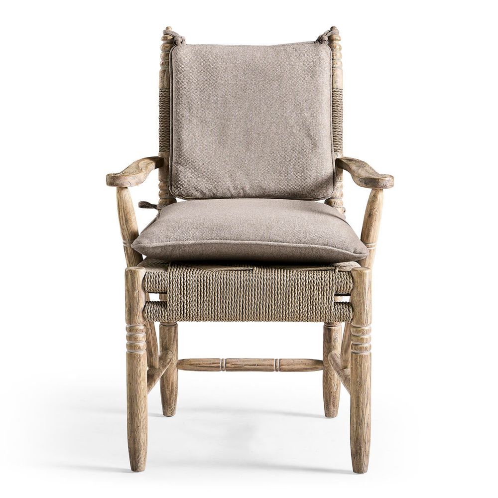 Sagehill Rush Seat Arm Chair, shown in light natural wood and beige taupe with wood, rush, and fixed arms.