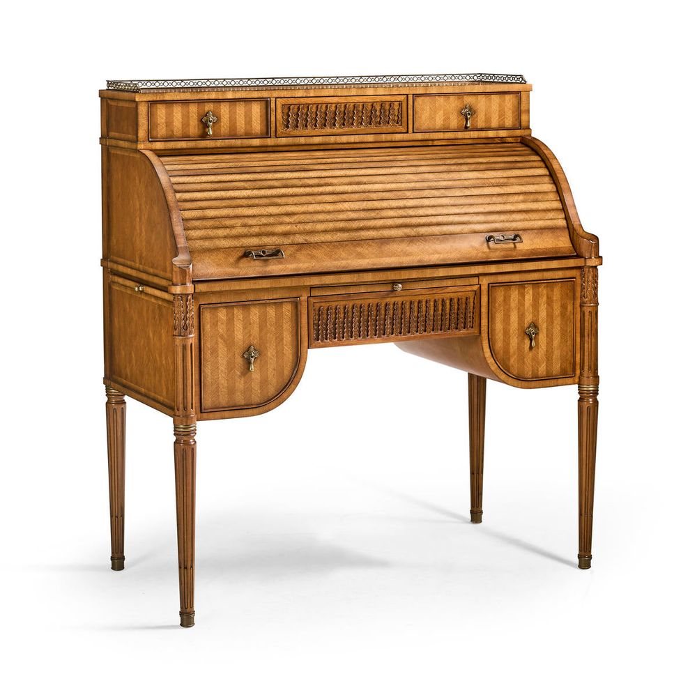 Alternate view of Satinwood Roll Top Desk in warm honey gold and amber blonde.