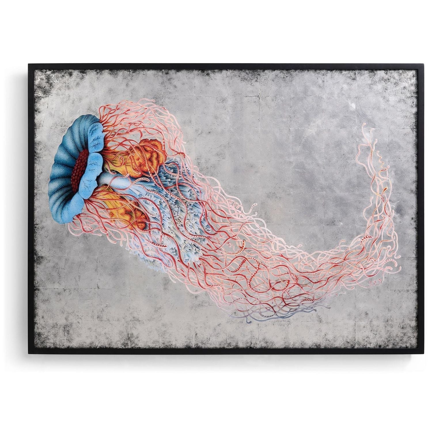Luminescence of the Deep No.2, shown in silver and blue with silver leaf, canvas, and wall-mounting hardware.