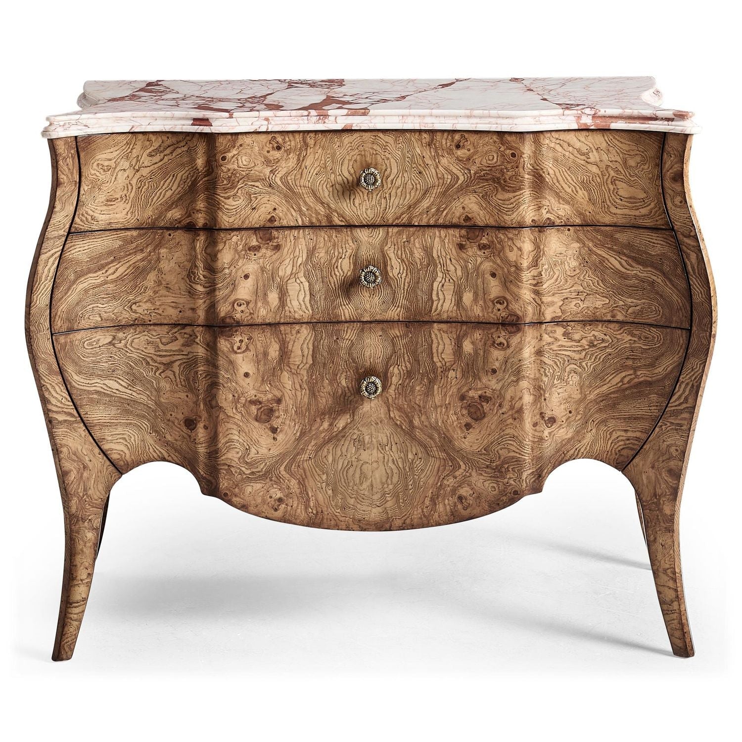 Alternate view of Winsland Chest, featuring antiqued metal finish, figured burl wood, marble, and three graduated drawers.