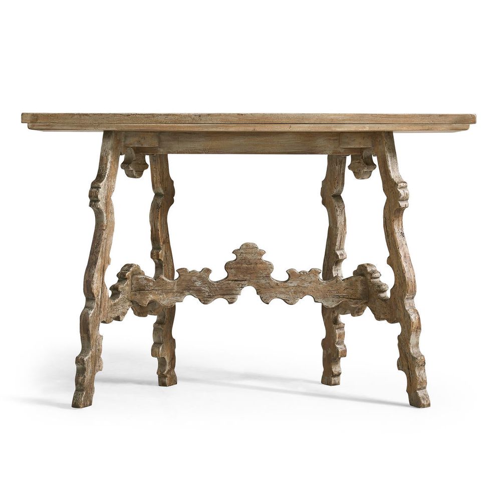 Additional view of Caldera Curved Console Table, featuring distressed, wood, and console proportions for wall placement.