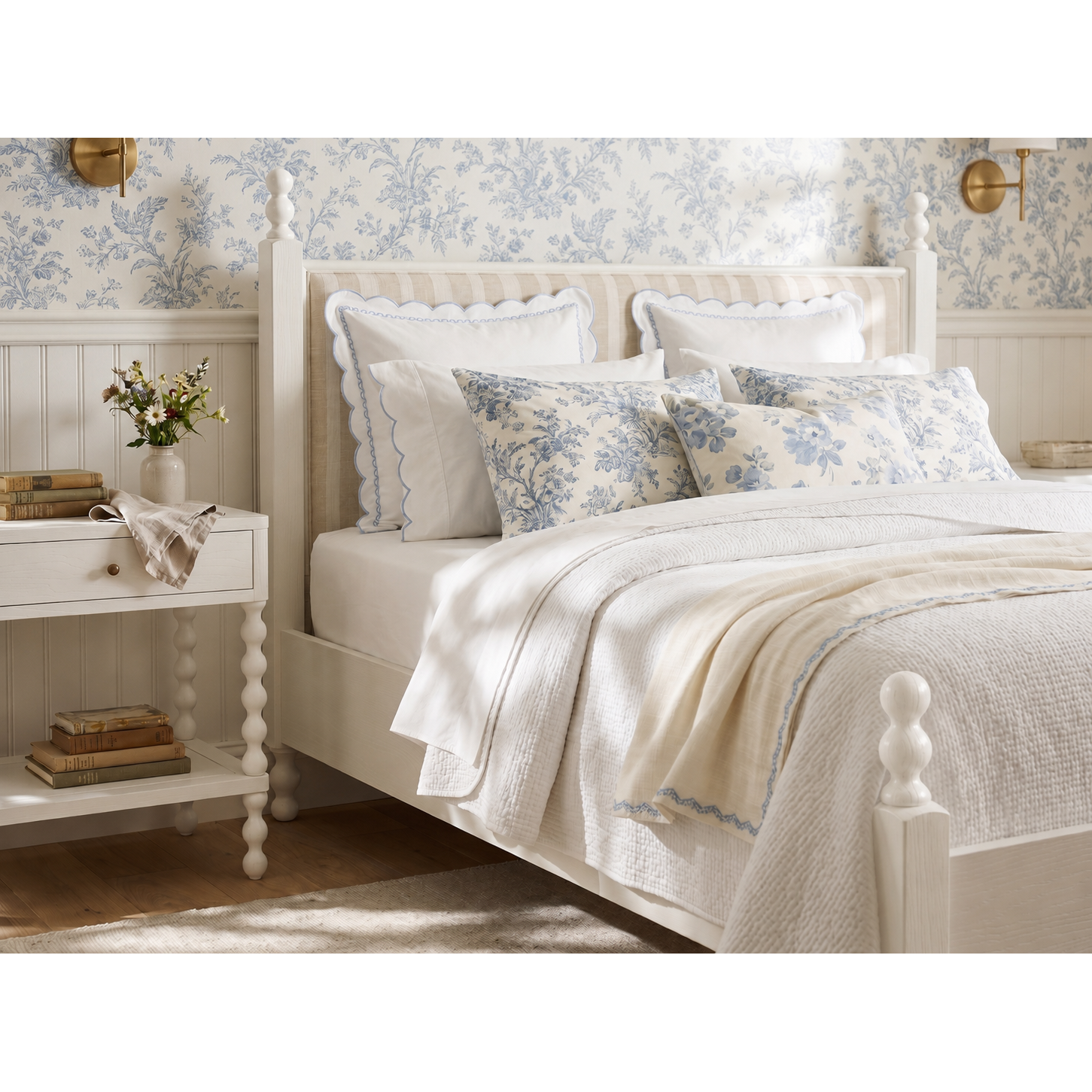 Haven Queen Upholstered Finial Bed - Warm White