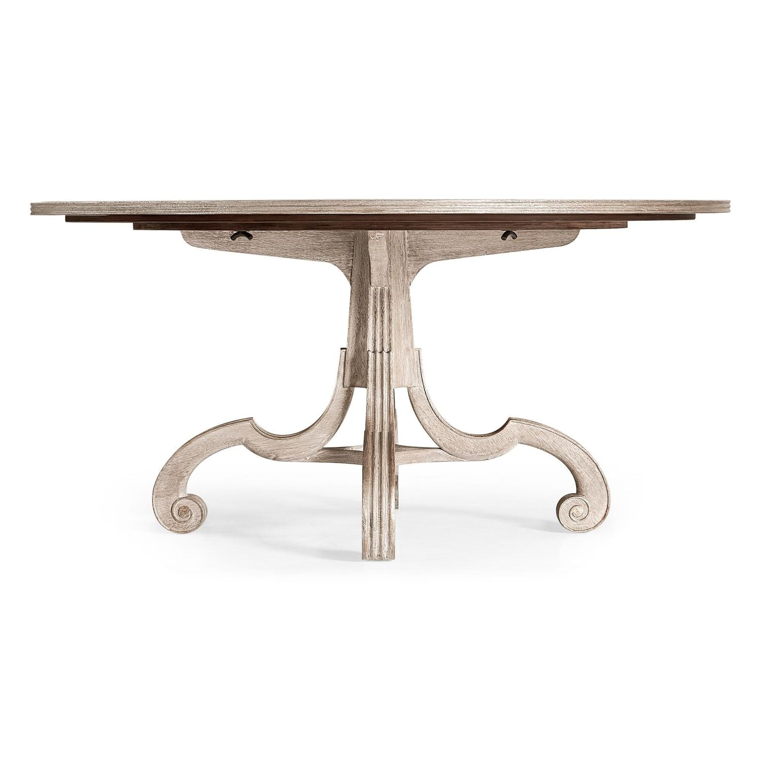Additional view of Lacock Dining Table 60" in light beige and warm taupe, featuring whitewashed and a central pedestal base.