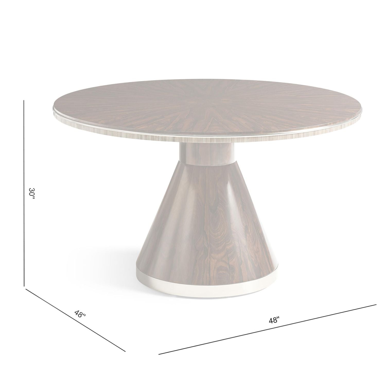 Alternate view of Terra Ziricote Round Dining Table, featuring high-gloss lacquer, ziricote wood, metal, and a pedestal base.