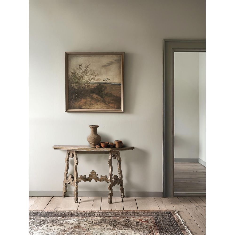 Alternate view of Caldera Curved Console Table, featuring distressed, wood, and console proportions for wall placement.