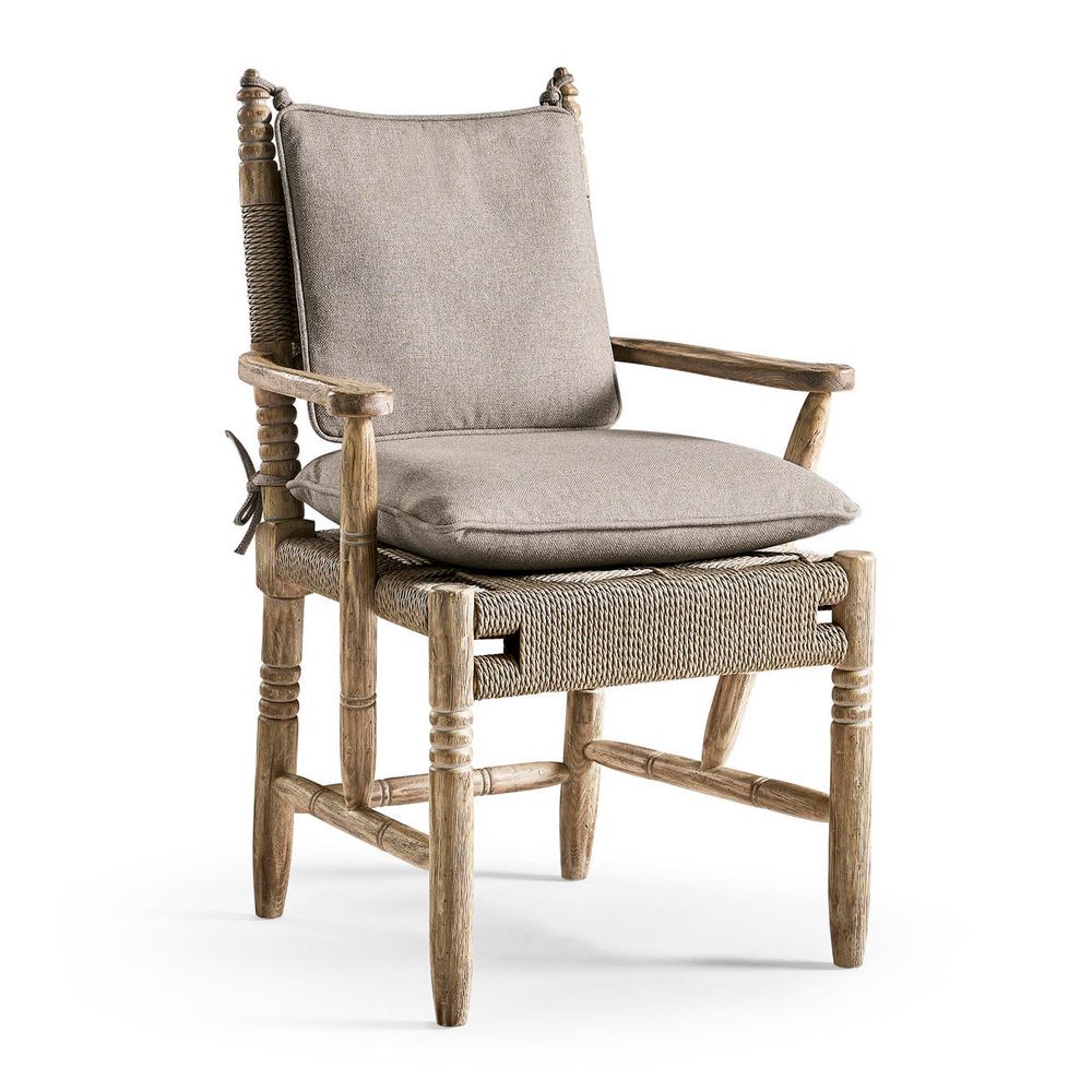 Additional view of Sagehill Rush Seat Arm Chair in light natural wood and beige taupe, featuring distressed and fixed arms.