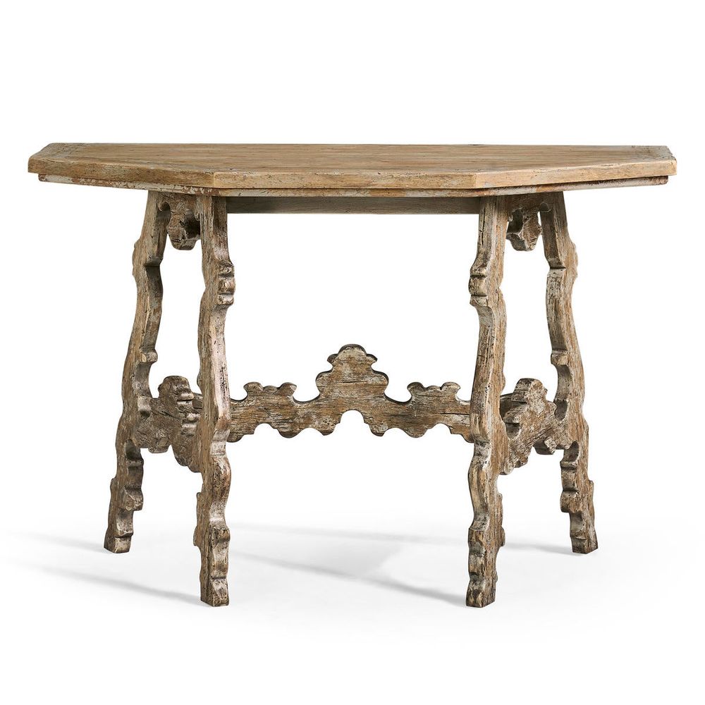 Caldera Curved Console Table, shown in weathered light oak and beige-taupe with wood.
