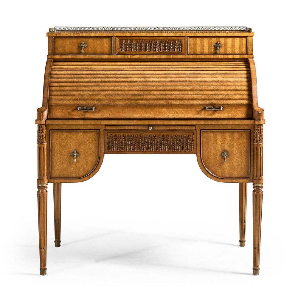 Satinwood Roll Top Desk, shown in warm honey gold and amber blonde with satinwood and brass.