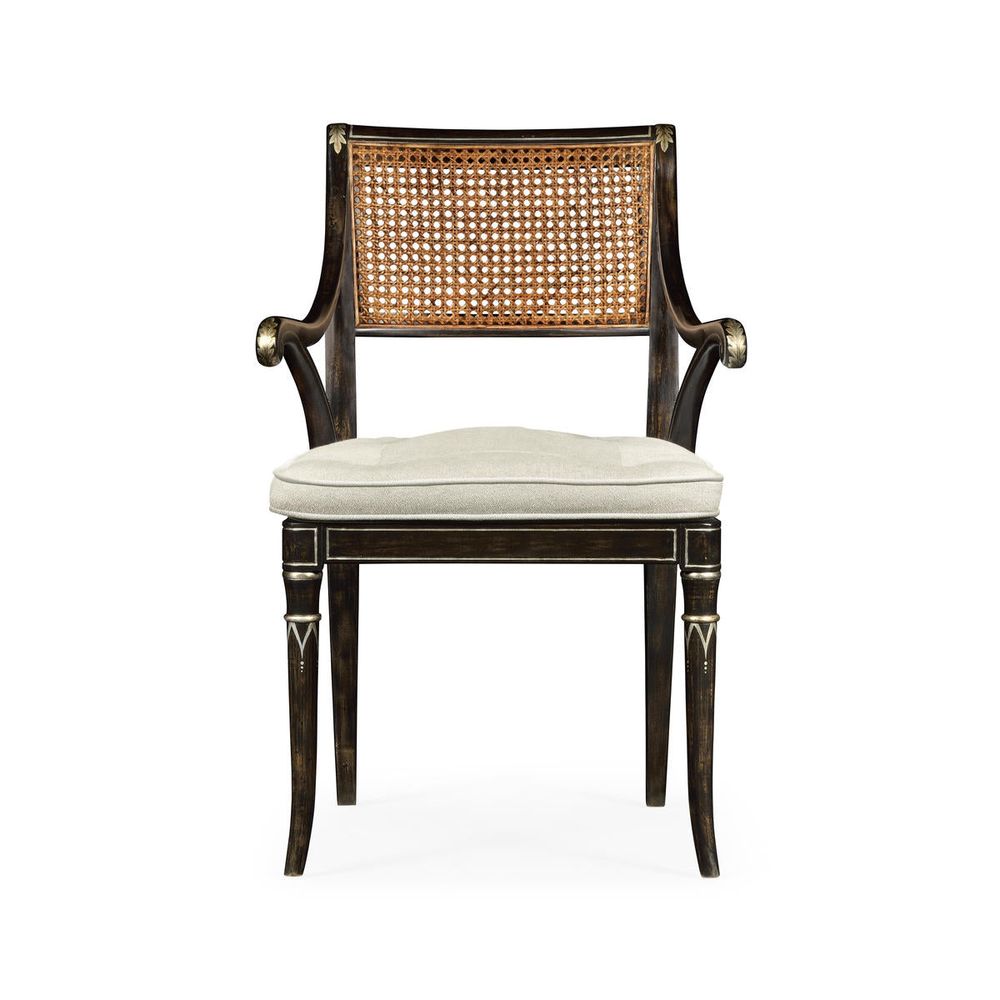 Linden Charcoal Wash Dining Arm Chair, shown in charcoal black and cream with wood, cane, and fixed arms.