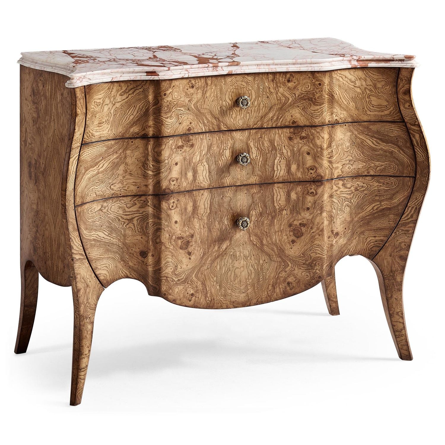 Winsland Chest, shown in warm honey brown and cream with figured burl wood, marble, and three graduated drawers.