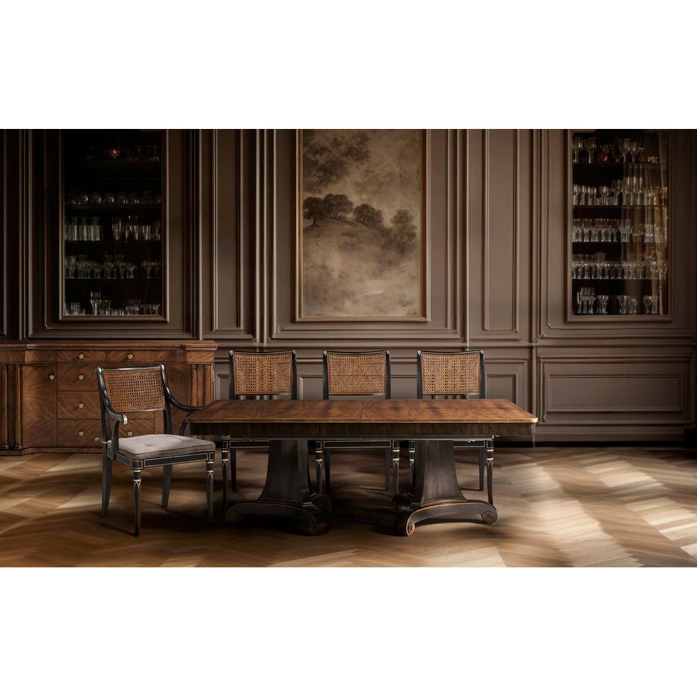 Alternate view of Linden Charcoal Wash Dining Arm Chair, featuring distressed antiqued, wood, cane, and fixed arms.