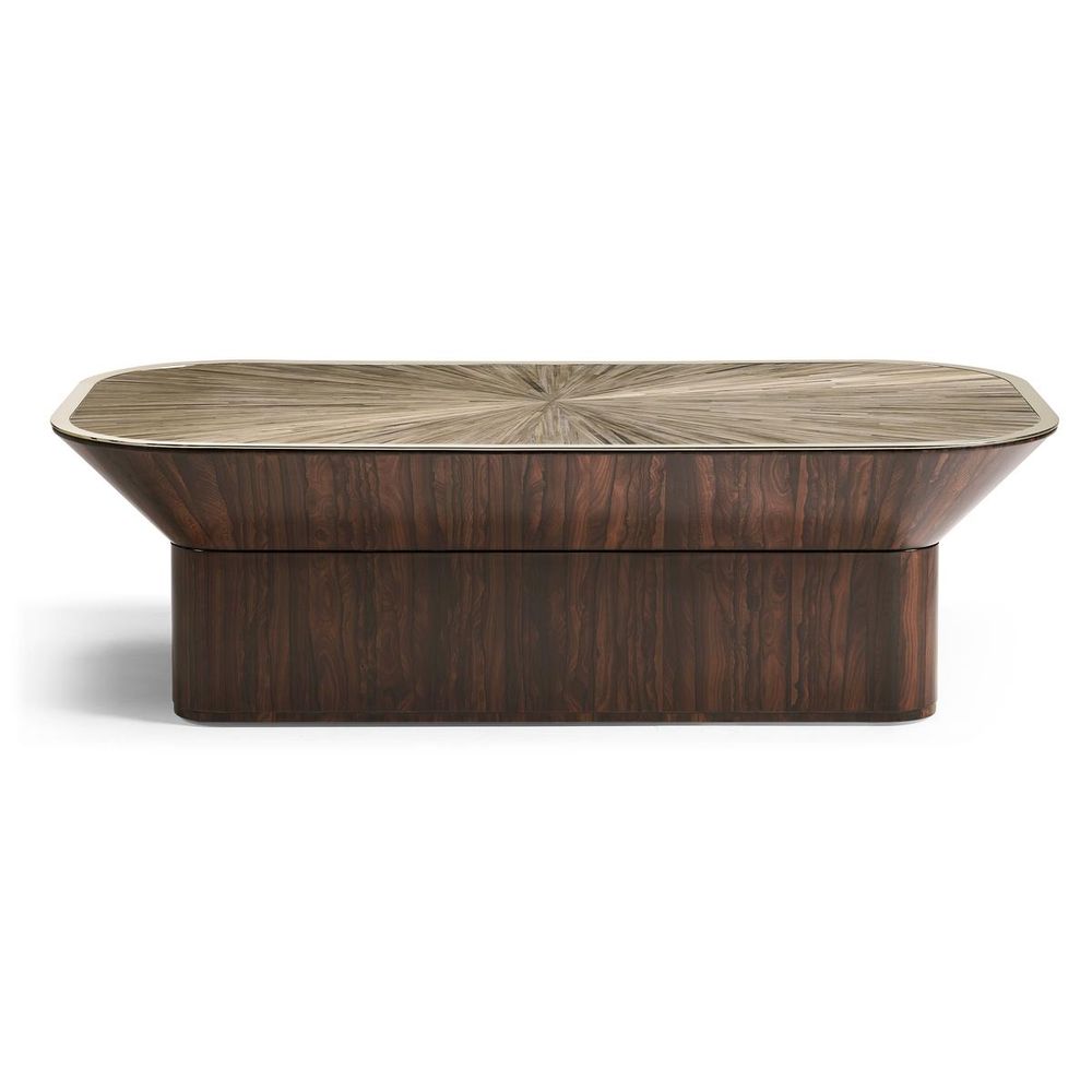 Terra Pedestal Cocktail Table, shown in dark brown and warm taupe with wood veneer, metal trim, and a pedestal base.