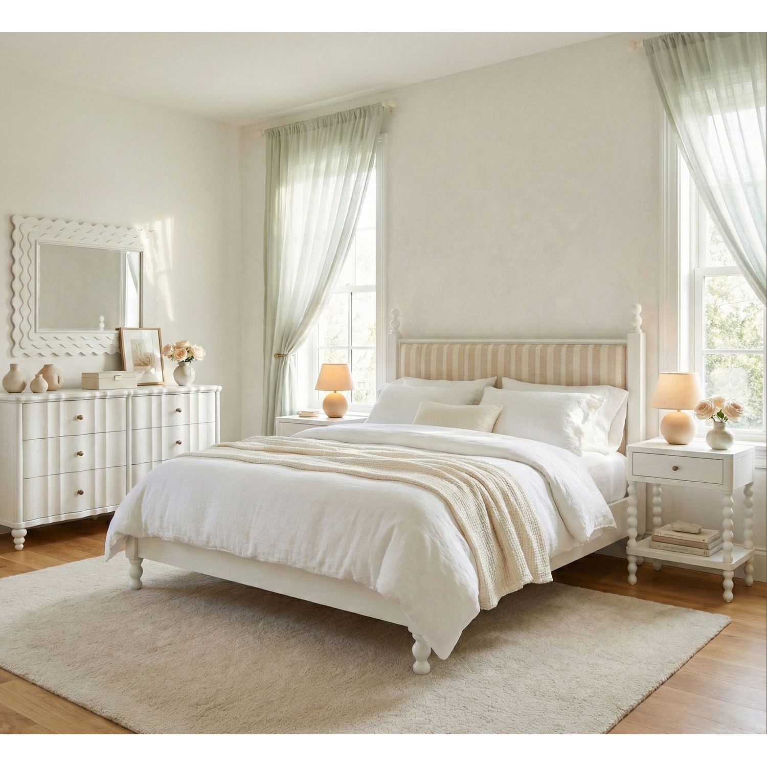 Haven Queen Upholstered Finial Bed - Warm White