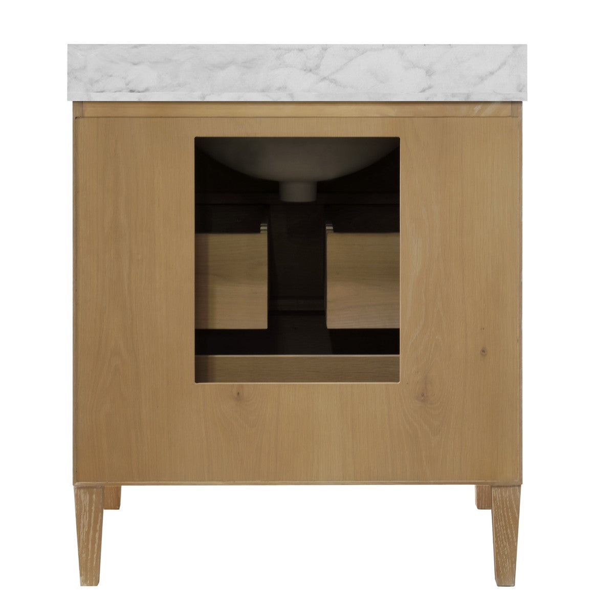 Odin - Bath Vanity With Vertical Fluted Detail On Drawers In Cerused Oak With White Marble Top, Porcelain Sink, And Polished Brass Knobs