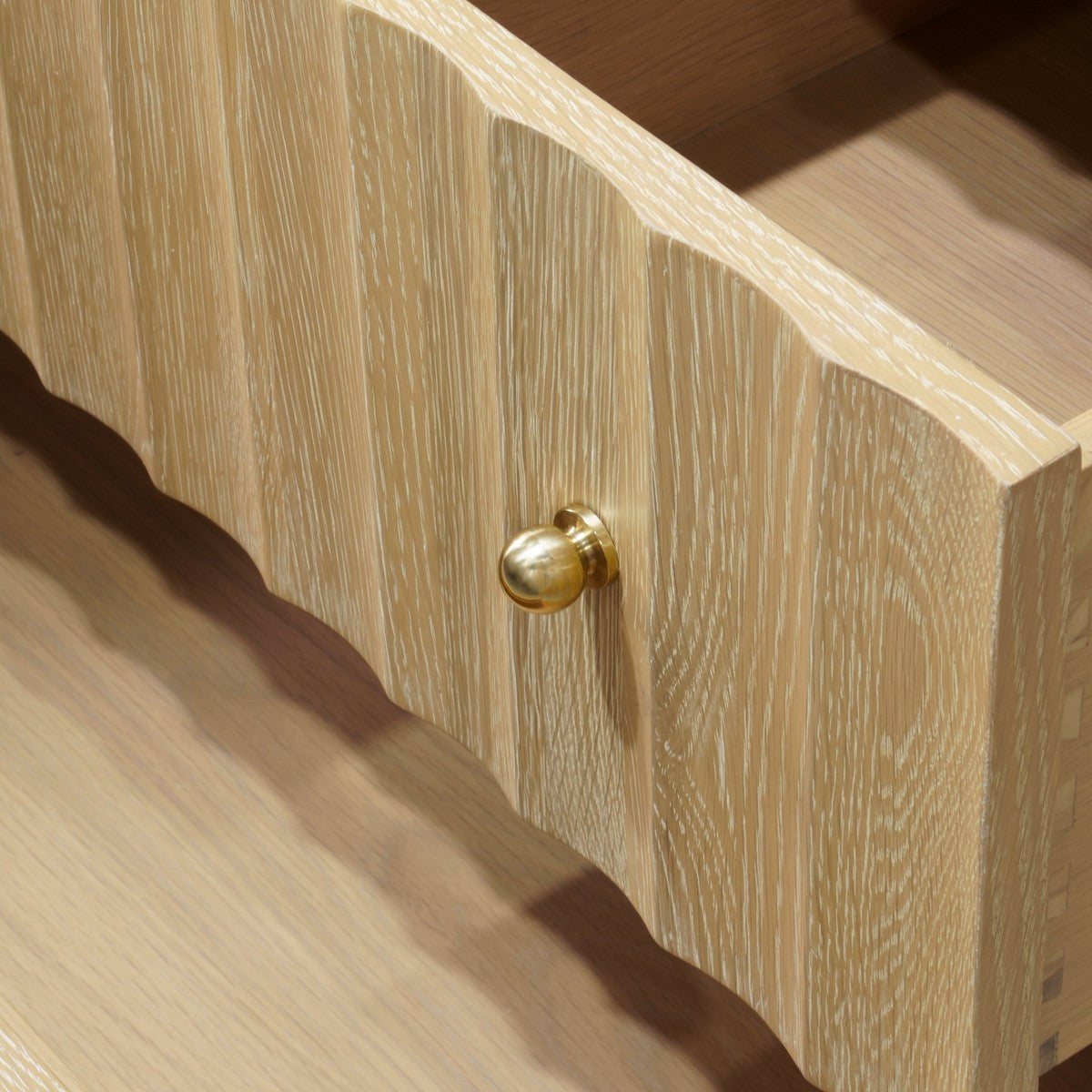 Odin - Bath Vanity With Vertical Fluted Detail On Drawers In Cerused Oak With White Marble Top, Porcelain Sink, And Polished Brass Knobs