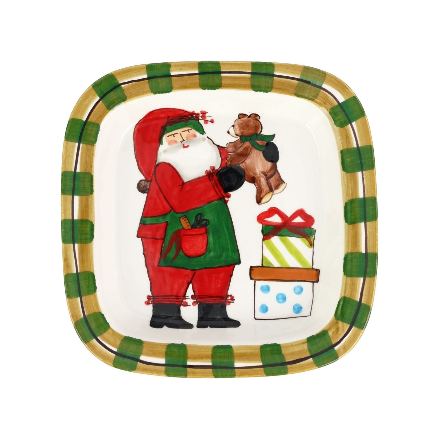 Old St. Nick Rimmed Square Platter with Teddy Bear - Default Title