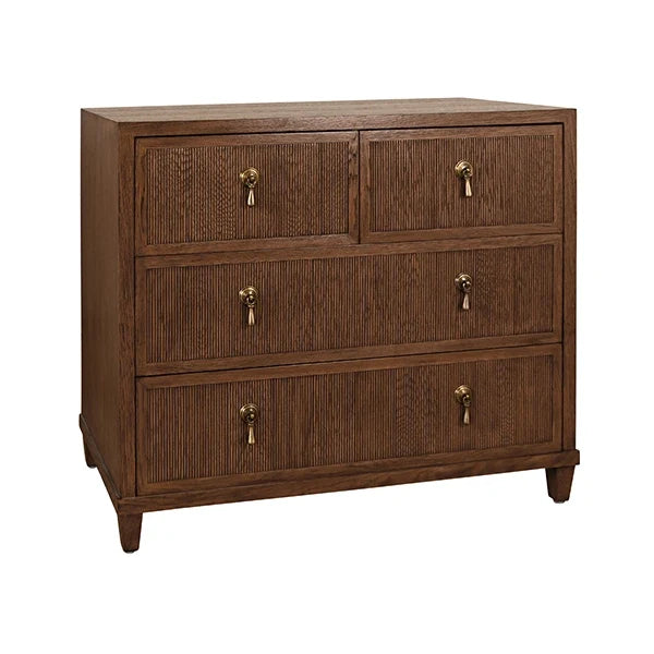 Additional view of Pascal Four Drawer Chest, featuring brushed metal finish, wood, brass, and four drawers.