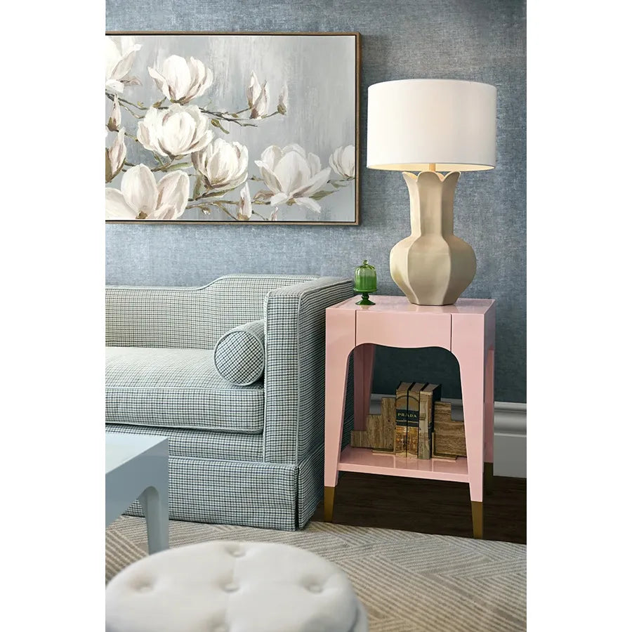 Alternate view of Patti Tapered Leg One Drawer Side Table, featuring high-gloss lacquer, wood, metal, and single drawer.
