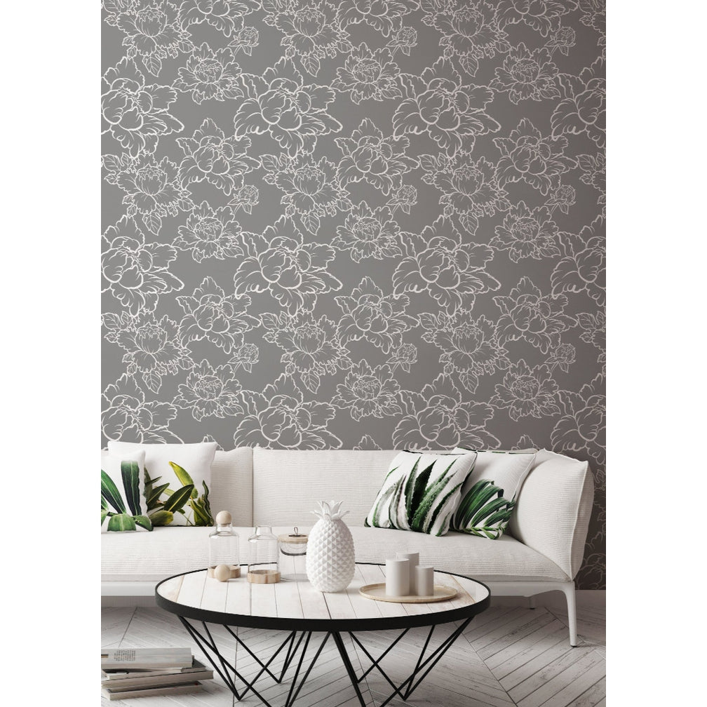 Peony Wallpaper-Mitchell Black-MITCHB-WC-BB-PY-G-PM-10-Wall DecorPatterns Dark Grey-Premium Matte Paper-2-France and Son