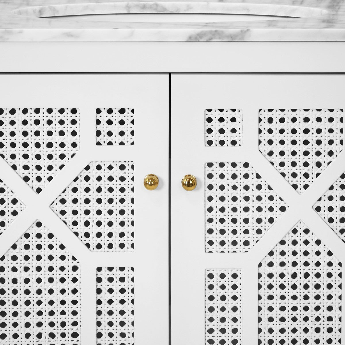 Schaffer - Bath Vanity In Matte White Lacquer With Cane Front Doors, White Marble Top, Porcelain Sink, And Polished Brass Knobs