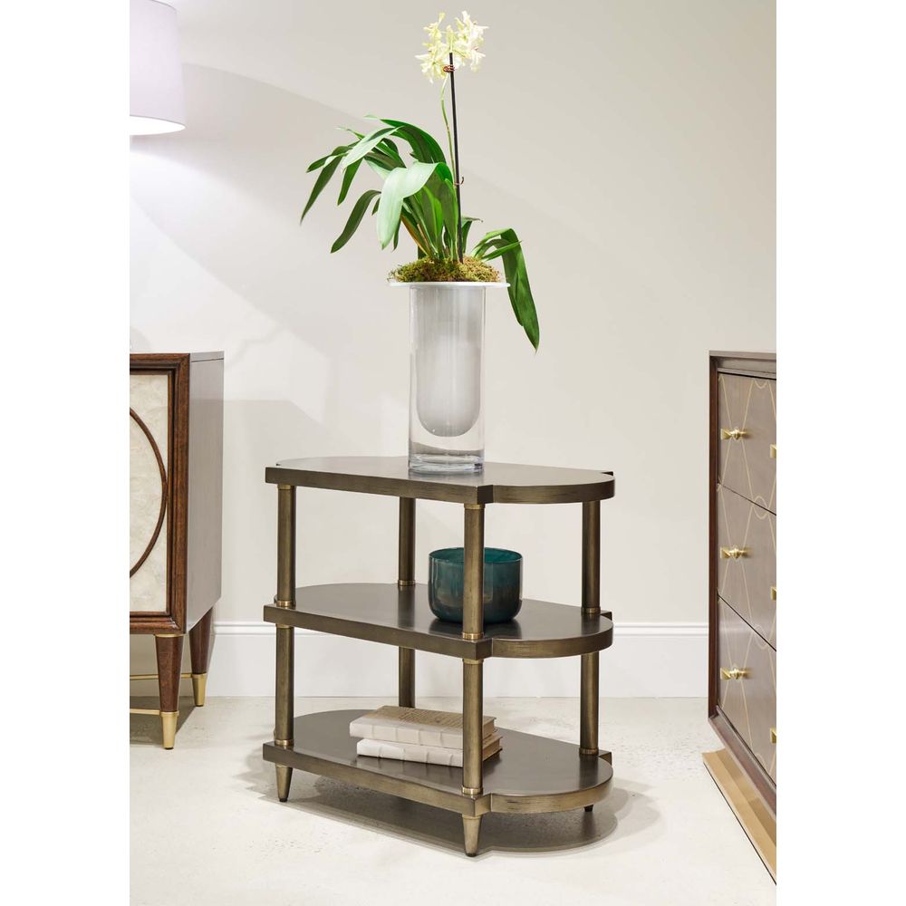 Alternate view of Linden Side Table, featuring distressed, wood, brass, and three open fixed shelves.
