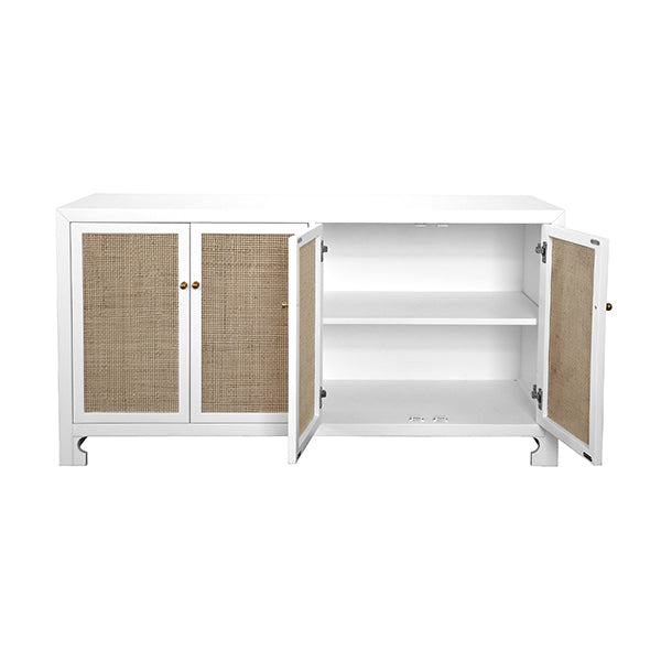 Sofia - Four Door Cane Cabinet With Brass Hardware In Matte White Lacquer Finish