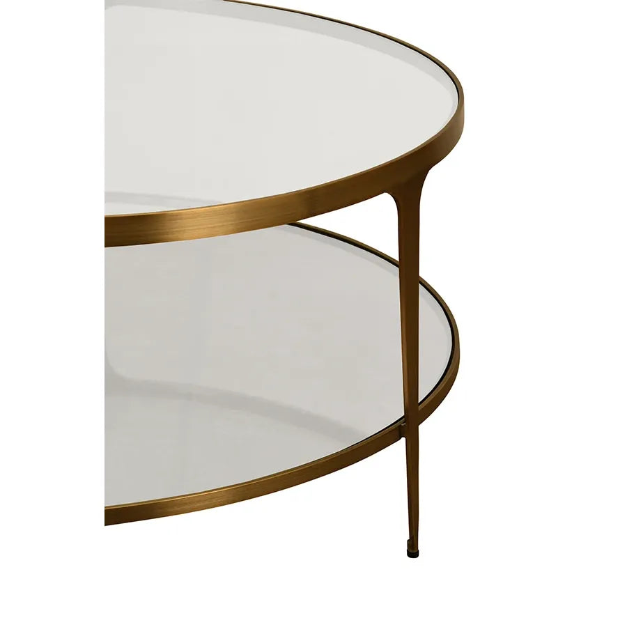 Alternate view of Stacey Two Tier Glass Top Round Coffee Table in brass and clear.